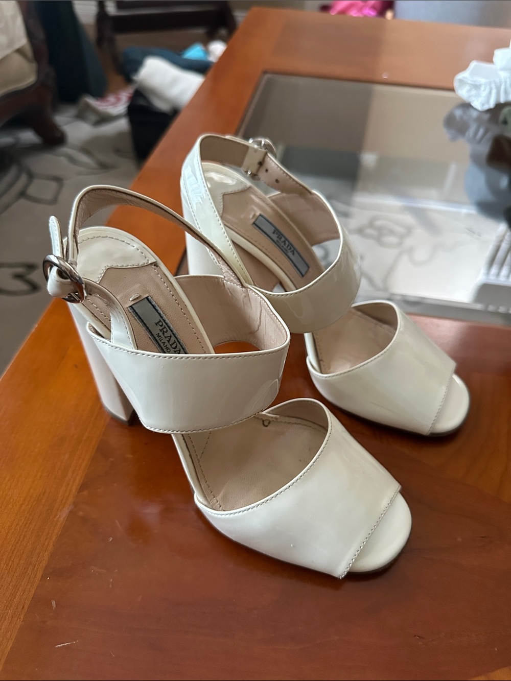 Prada White Patent Leather Open-Toe Block Heels
